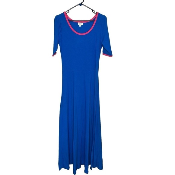 New LulaRoe Women's L Solid Blue Pink Trim Scoop Stretchy Ana Maxi Long Dress - Picture 2 of 6